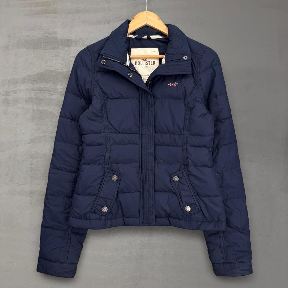 Hollister Puffer Jacket Navy Blue Quilted Full Zip Snap Button Fur Hood Medium